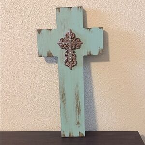Rustic Wooden Cross with Metal Accent